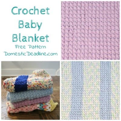 Easy crochet baby blanket great for using up yarn you have on hand. Free Pattern! Plus, lots of great ideas for using the craft supplies you already have. http://domesticdeadline.com
