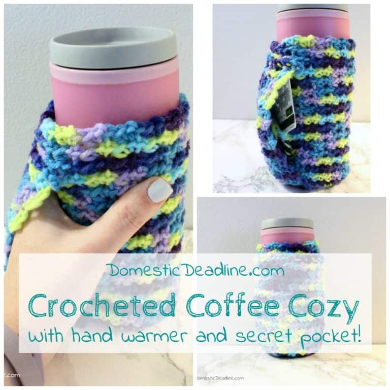 A crocheted coffee cozy to fit travel and disposable mugs. Keep your hands warm by tucking them inside the sleeve and hide a gift card or cash in the hidden pocket so you always have enough for a cup of coffee.