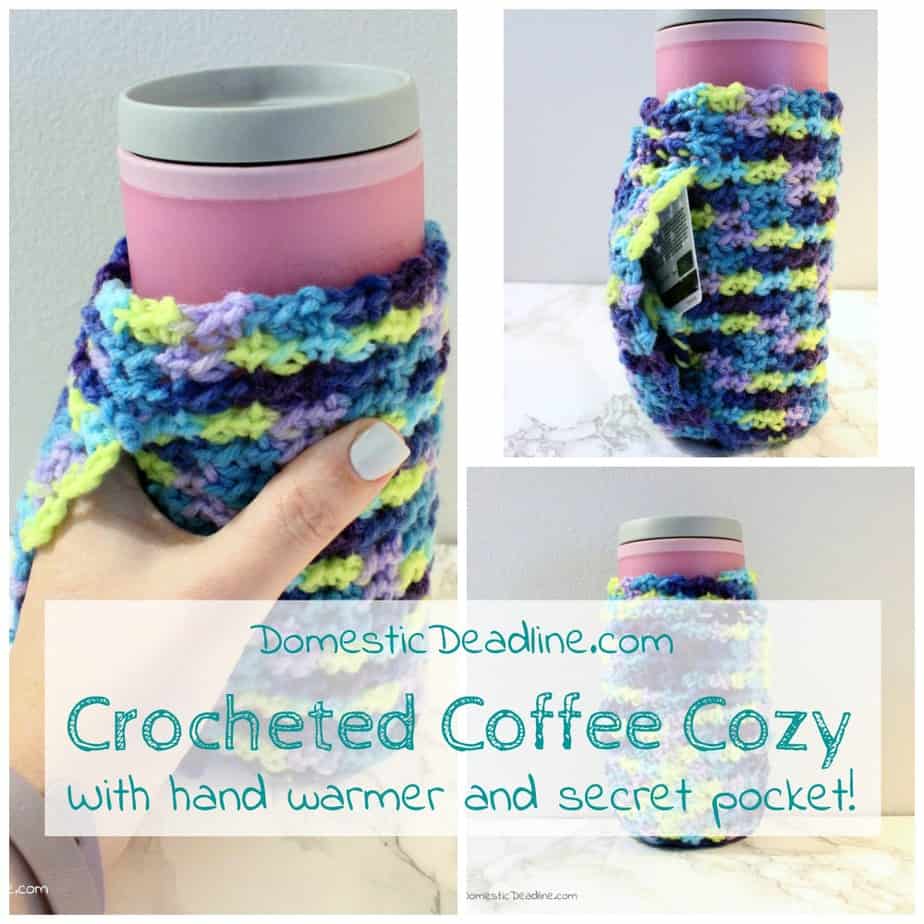 A crocheted coffee cozy to fit travel and disposable mugs. Keep your hands warm by tucking them inside the sleeve and hide a gift card or cash in the hidden pocket so you always have enough for a cup of coffee.