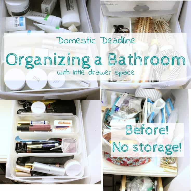 Each week we are focusing on organizing the drawers in a different room. This week it's all about bathroom drawers. See how I dealt with very little storage space along with 10+ other bloggers ideas and tips! Domestic Deadline