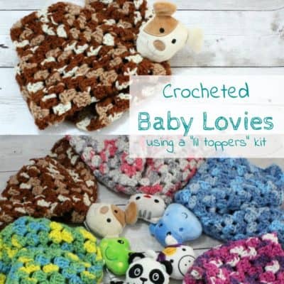 If you can crochet a granny square, you can make this great baby gift, baby lovies. Simply a crocheted granny square using the yarn in a "lil toppers" knit hat kit and adding the stuffed animal head to the center. The perfect combo of blankie and stuffie! http://domesticdeadline.com