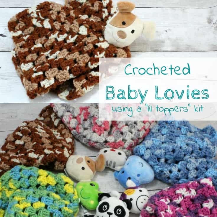 If you can crochet a granny square, you can make this great baby gift, baby lovies. Simply a crocheted granny square using the yarn in a "lil toppers" knit hat kit and adding the stuffed animal head to the center. The perfect combo of blankie and stuffie! http://domesticdeadline.com