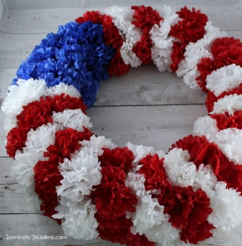 Fun, easy wreath to celebrate Memorial Day, Flag Day or 4th of July. Using supplies from the dollar store. Plus, tons of other Pinterest inspired projects www.domesticdeadline.com