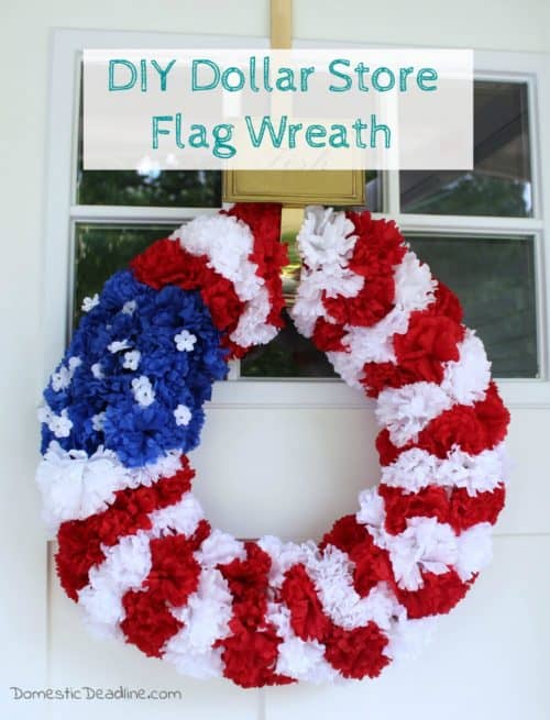 Fun, easy wreath to celebrate Memorial Day, Flag Day or 4th of July. Using supplies from the dollar store. Plus, tons of other Pinterest inspired projects www.domesticdeadline.com