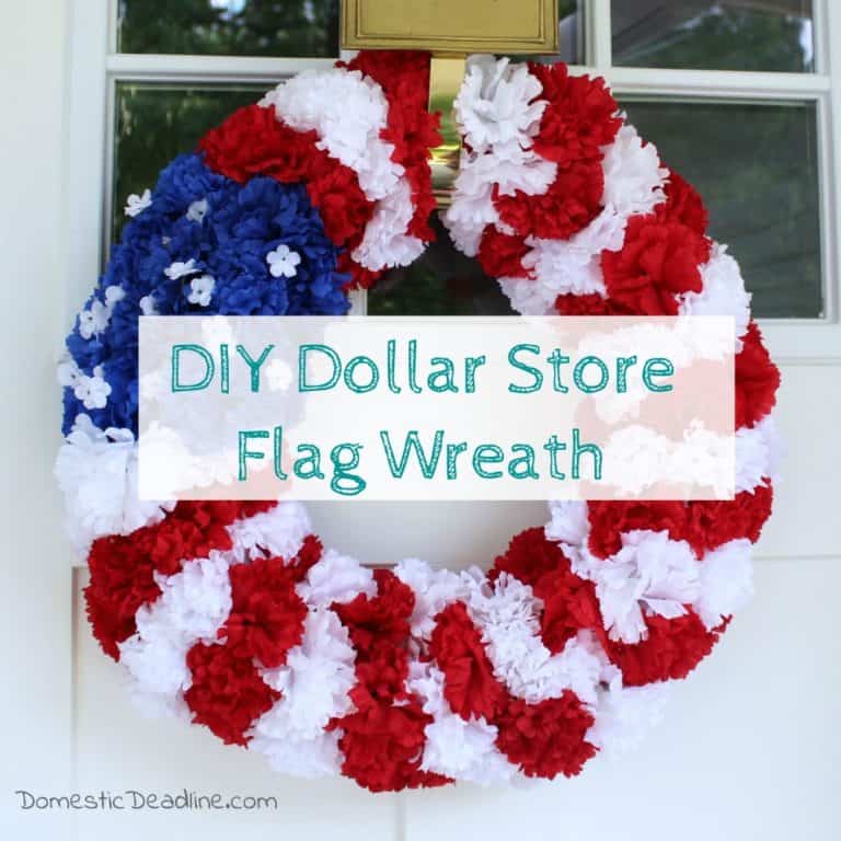 Fun, easy wreath to celebrate Memorial Day, Flag Day or 4th of July. Using supplies from the dollar store. Plus, tons of other Pinterest inspired projects www.domesticdeadline.com