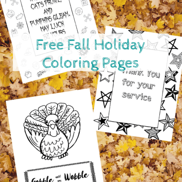 Free fall holiday coloring pages for the kids or adults. Includes Halloween, Veteran's Day, and Thanksgiving. Fun activity to keep the kids busy www.domesticdeadline.com