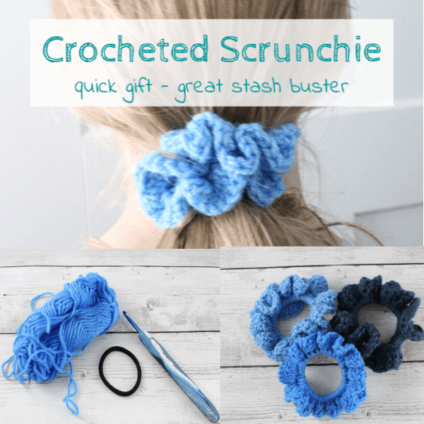 Crochet scrunchies are quick and easy stocking stuffers that work up quick and help use up the leftover yarn stash! Plus more de-stash projects #Craftroomdestash www.domesticdeadline.com