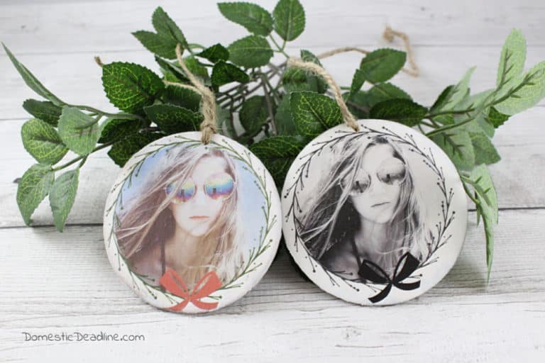 Make a personalized gift for someone special! A photo wood transfer is a memoral gift and not just for Christmas but year round. Or order a personalized ornament with your own photo, ready to give in a cloth gift bag. www.domesticdeadline.com