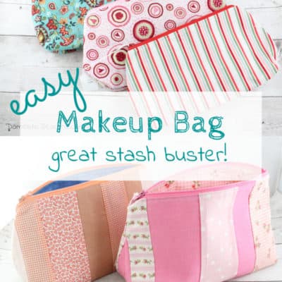 Find out how to sew an easy makeup bag and use up fabric scraps. Fun colorful zippers and beautiful fabric make these makeup bags great gifts #sewing #makeupbag #fabricstash #craftroomdestash #teachergift #bridesmadegift www.domesticdeadline.com