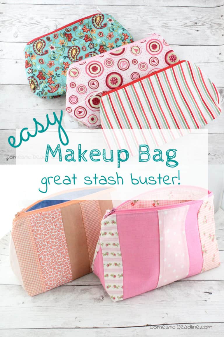 Find out how to sew an easy makeup bag and use up fabric scraps. Fun colorful zippers and beautiful fabric make these makeup bags great gifts #sewing #makeupbag #fabricstash #craftroomdestash #teachergift #bridesmadegift www.domesticdeadline.com