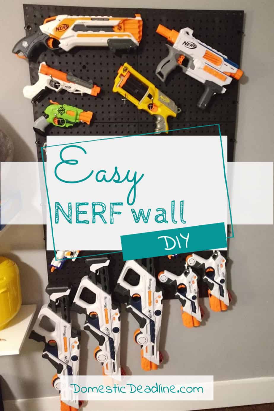 Learn how we easily made a customizable Nerf wall to display and organize all of my son's Nerf guns. This quick project can grow as his collection expands! DomesticDeadline.com