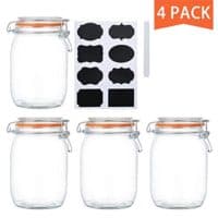 Encheng 32 oz Glass Jars With Airtight Lids And Leak Proof Rubber Gasket,Wide Mouth Mason Jars With Hinged Lids For Kitchen Canisters 1000ml, Glass Storage Containers 4 Pack
