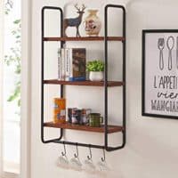 BON AUGURE 3 Tier Wall Mounted Shelf with Hooks, Rustic Wooden Kitchen Hanging Shelves for Wall, Entryway Floating Shelving Unit (Walnut)