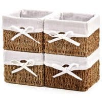 EZOWare Set of 4 Natural Woven Seagrass Wicker Storage Baskets Shelf Organizer Container Bins with Linen Liner - Brown