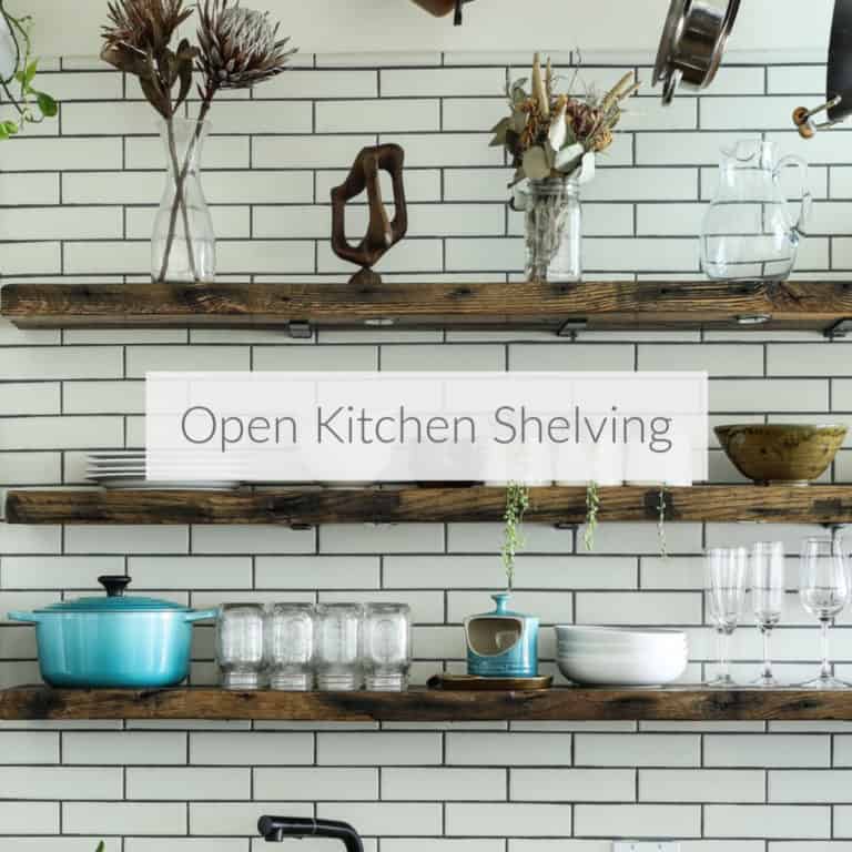 Learn why and how you should add open shelving to your kitchen. Functional decorating means more kitchen storage without a renovation. Free printable guide! DomesticDeadline.com