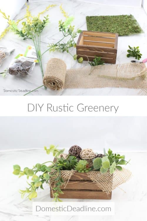 Find this easy DIY rustic greenery arrangement using craft supplies on hand or easily obtained from the dollar store. Plus more stash-busting projects. DomesticDeadline.com