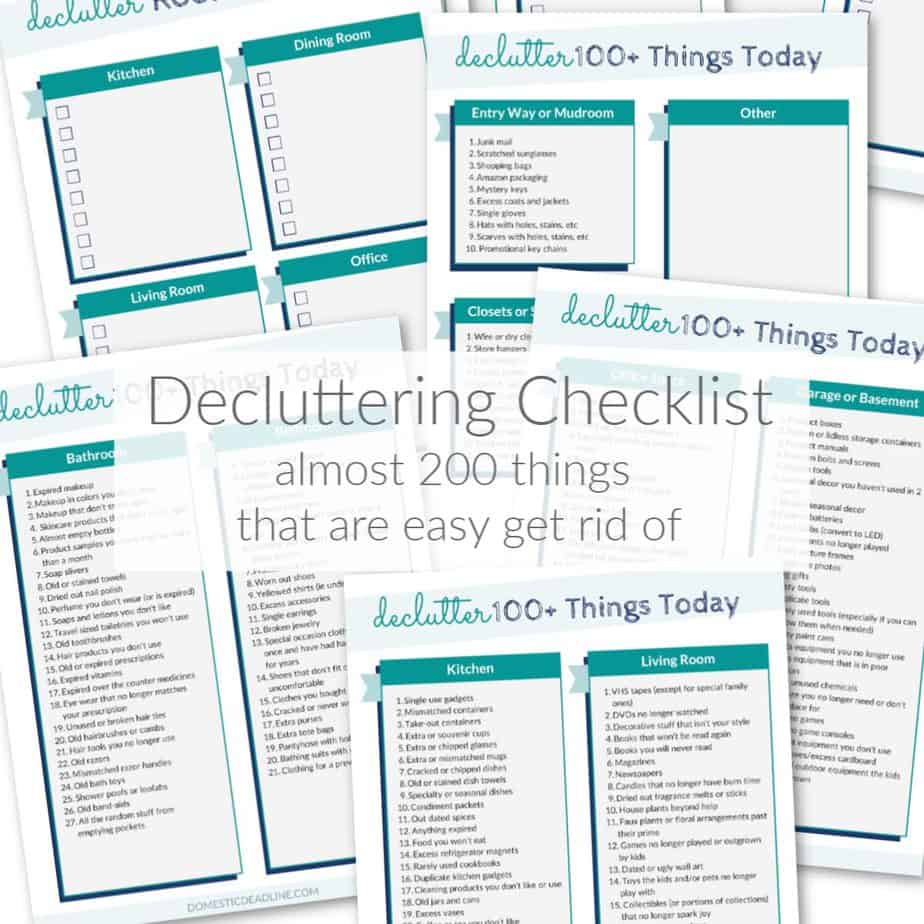 Do you feel like your drowning in clutter? My goal is an organized house. Step one is decluttering. Almost 200 things to declutter with printable guide. DomesticDeadline.com