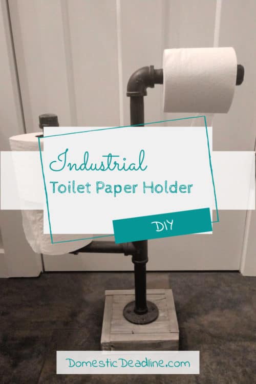 Learn how to use industrial gas pipe to make a toilet paper holder to dispense and hold extra rolls. Perfect for industrial farmhouse decor! DomesticDeadline.com