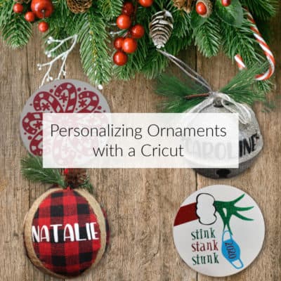 Learn a few options for personalizing ornaments for Christmas using a Cricut. Personalizing ready made or starting from scratch. #FestiveChristmas #FestiveChristmasIdeas #ChristmasOrnaments #PersonalizedOrnaments www.domesticdeadline.com