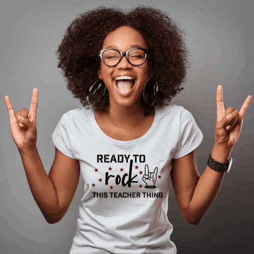 Free Back to School Teacher SVG – Ready to Rock This Teacher Thing design on a Cricut-made t-shirt
