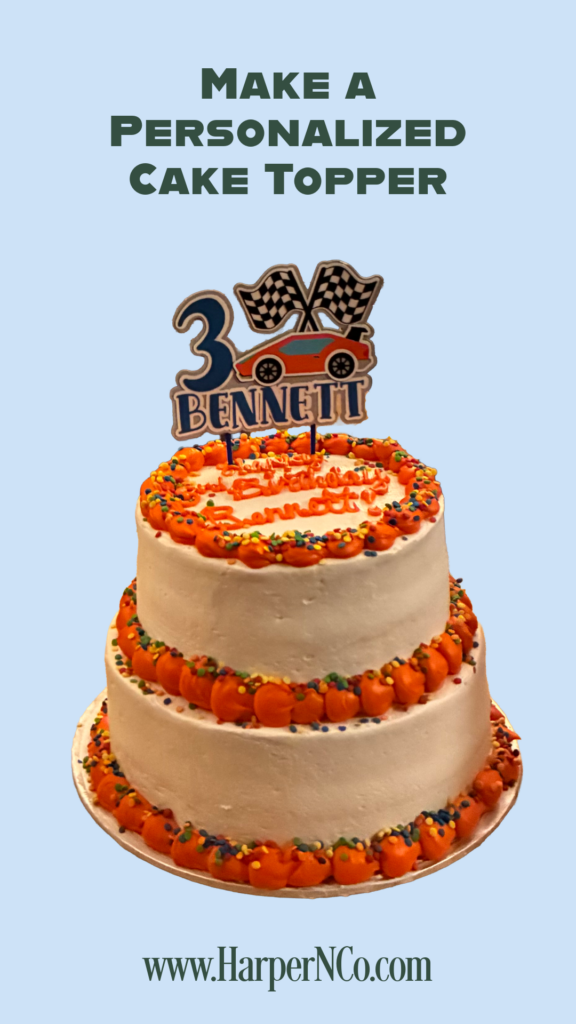 Custom cardstock cake topper with added name and year, displayed on a birthday cake with a coordinating banner and matching birthday shirt.