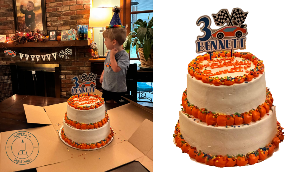 Customized cardstock cake topper with name and year added, placed on a birthday cake alongside a coordinating banner and matching birthday shirt.