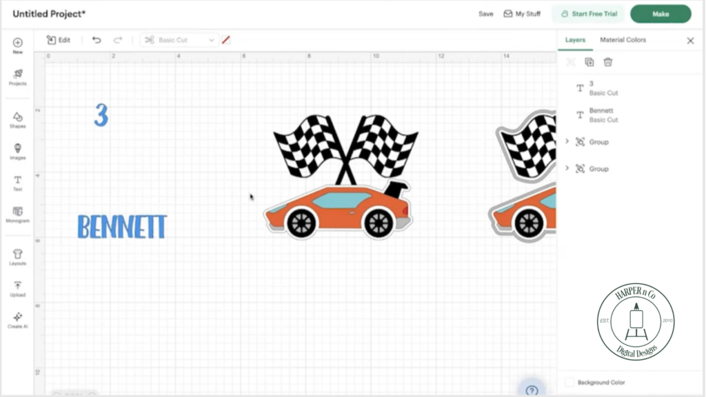 Duplicated cake topper design files in Cricut Design Space to preserve an original copy while customizing.