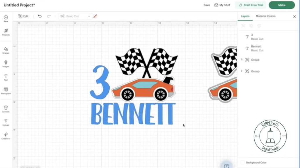 Adding a name and year to a cake topper using a custom font and blue text in Cricut Design Space.
