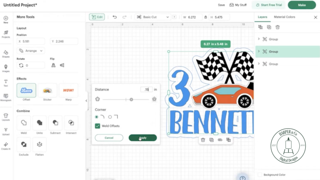 White offset layer added behind the customized cake topper design for structure and layering.