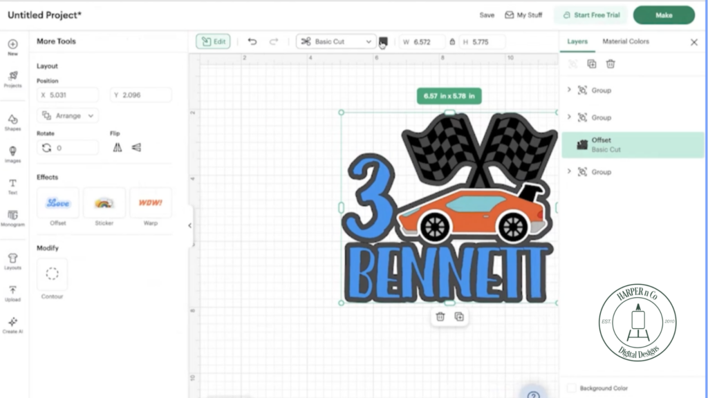 Creating an offset for a layered cake topper in Cricut Design Space using rounded corners and weld offset enabled.