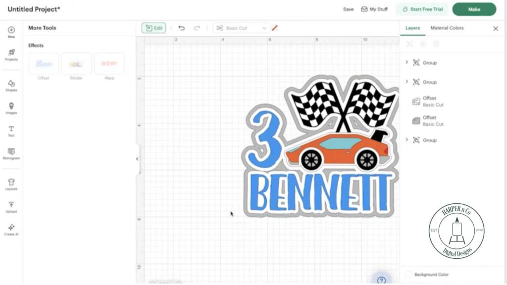 Light gray offset layer added to a cake topper design to increase thickness and durability.