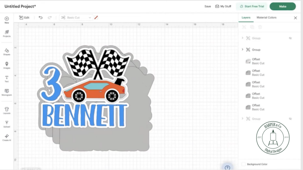 Light gray offset layer added to a cake topper design to increase thickness and durability.