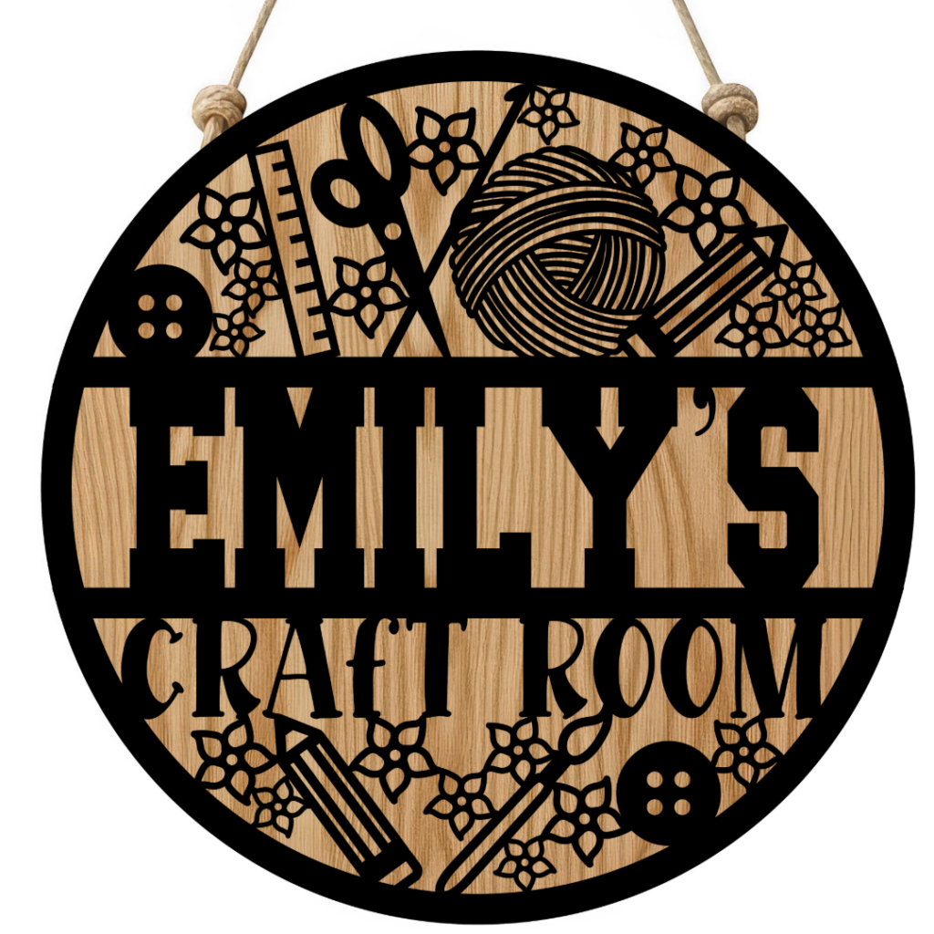 Craft room door sign SVG displayed on a door, showing a personalized craft room sign design.