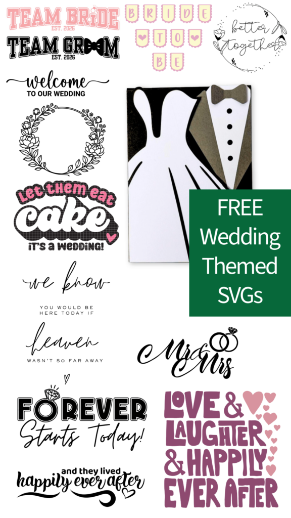 Free wedding SVG files from the SVG Design Squad — multiple designs available to download for Cricut and Silhouette.