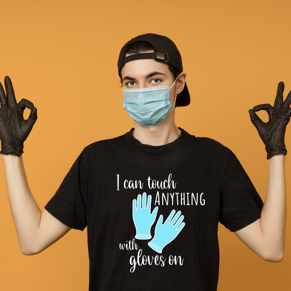 Free nursing SVG file featuring "I Can Touch Anything With Gloves On" with glove graphic, perfect for Cricut and Silhouette cutting machines.