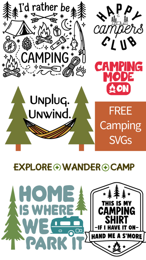 Free camping SVG files from the SVG Design Squad — multiple designs available to download for Cricut and Silhouette.