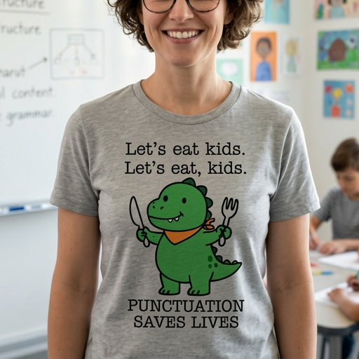 Free back to school SVG file featuring a cute dinosaur holding a fork and knife with "Punctuation Saves Lives" text, perfect for Cricut and Silhouette.